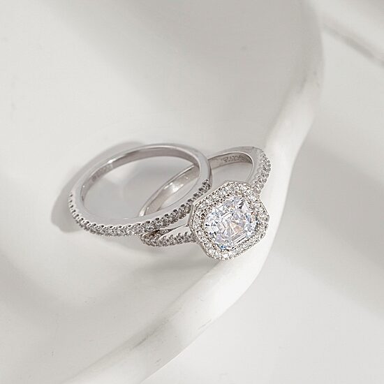 Diamonart Womens Cubic Zirconia Sterling Silver Cushion Side Stone Halo Bridal Set
