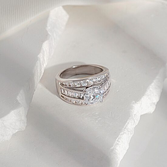 Diamonart Womens Cubic Zirconia Sterling Silver Side Stone Engagement Ring
