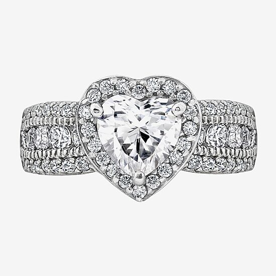 Diamonart Womens Cubic Zirconia Sterling Silver Heart Halo Side Stone Cocktail Ring