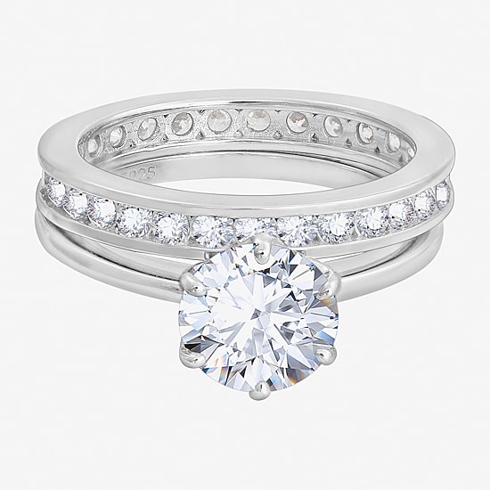 Diamonart Womens Cubic Zirconia Sterling Silver Round Side Stone Bridal Set