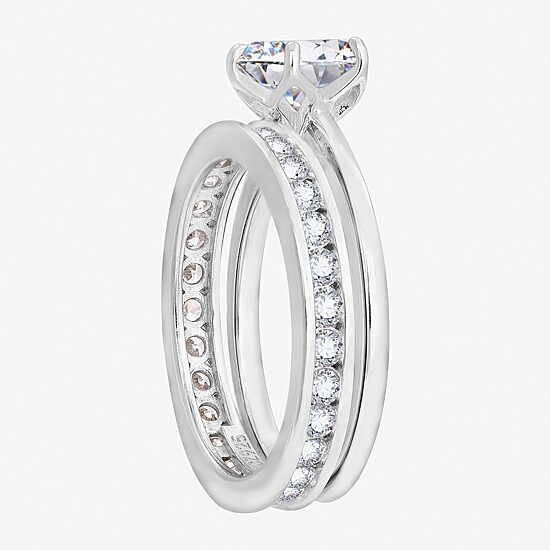 Diamonart Womens Cubic Zirconia Sterling Silver Round Side Stone Bridal Set