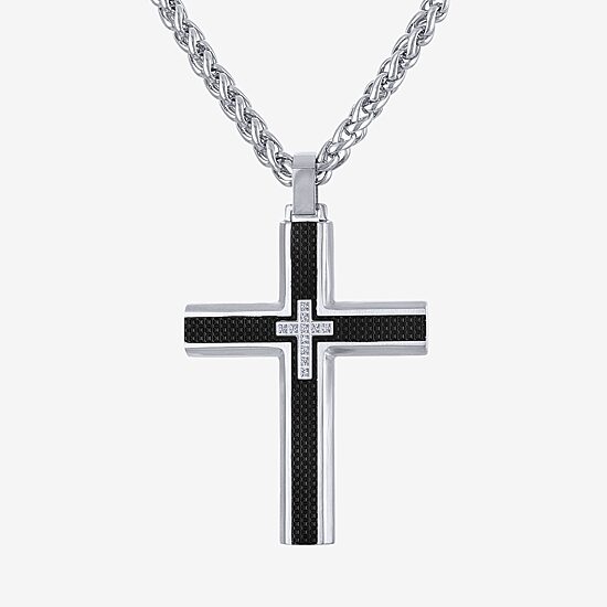 Mens Cubic Zirconia Stainless Steel Cross 24 Inch Pendant Necklace