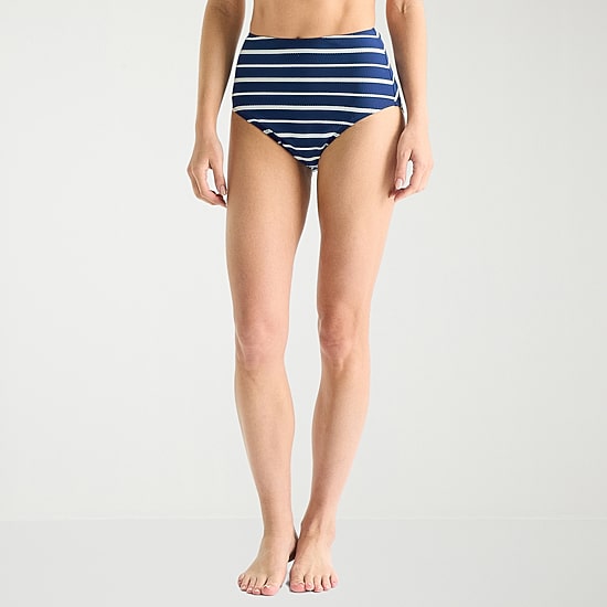 Liz Claiborne Womens Lined Striped Full Coverage High Waist Bikini Swimsuit Bottom