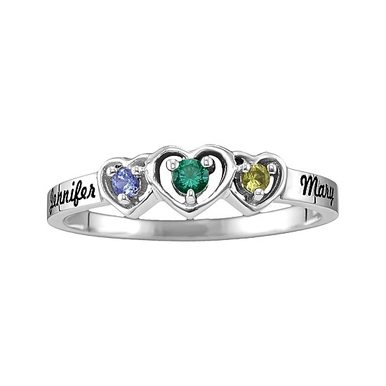 Personalized Womens Genuine Sterling Silver Heart 3-Stone Cocktail Ring