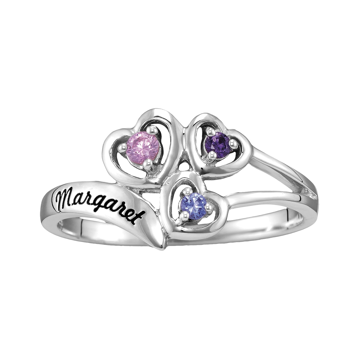 Personalized Womens Genuine Sterling Silver Heart 3-Stone Cocktail Ring