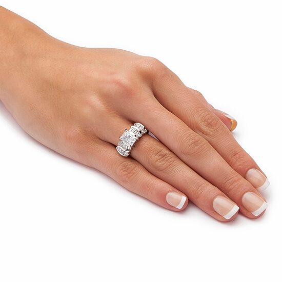 DiamonArt® Womens 3 CT. T.W. White Cubic Zirconia Platinum Over Silver Rectangular Engagement Ring
