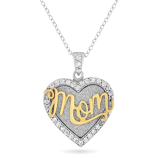 STERLING SILVER AND 18K GOLD OVER SILVER CUBIC ZIRCONIA GLITTER GOLD MOM HEART NECKLACE 18 INCH