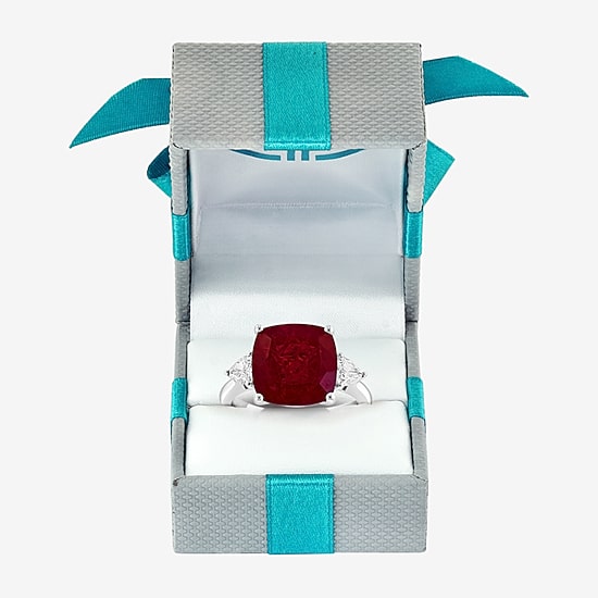 Effy Final Call  Womens Lab Created Red Ruby and 1/5 CT.T.W Lab Grown Diamond 14K White Gold Cushion Cocktail Ring