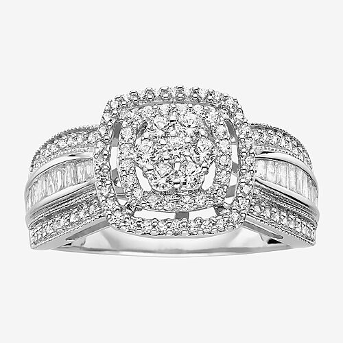 3/4 CT.T.W. Natural Diamond 10K White Gold Cluster Milgrain Ring, 10, White
