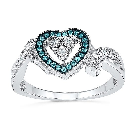 Womens 1/10 CT. T.W. Natural Blue Diamond Sterling Silver Heart Halo Cocktail Ring