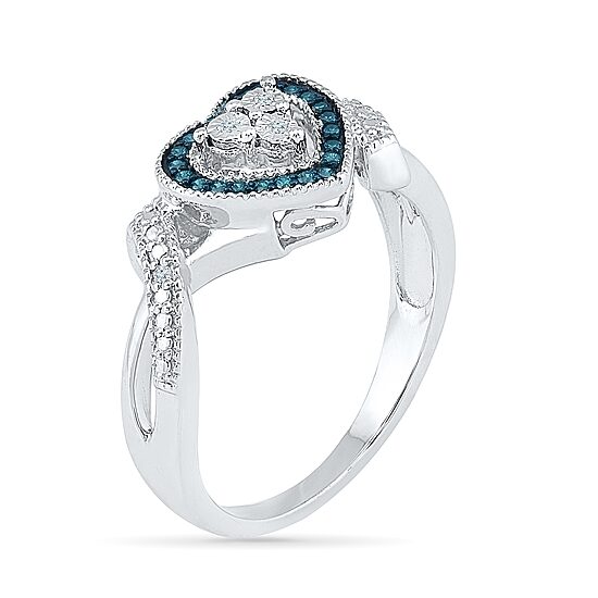 Womens 1/10 CT. T.W. Natural Blue Diamond Sterling Silver Heart Halo Cocktail Ring