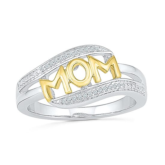 "Mom" Womens Diamond Accent Natural White Diamond 10K Gold Over Silver Cocktail Ring