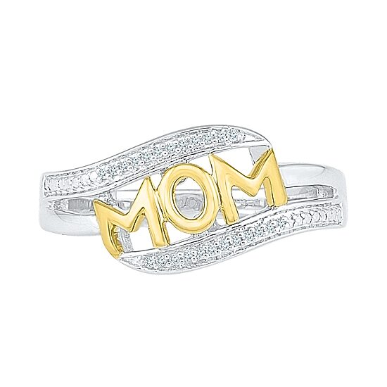 "Mom" Womens Diamond Accent Natural White Diamond 10K Gold Over Silver Cocktail Ring