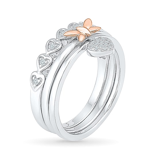 Womens 1/10 CT. T.W. Natural White Diamond 10K Gold Over Silver Butterfly Heart Ring Set