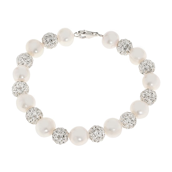 Womens White Cultured Freshwater Pearl Sterling Silver Beaded Bracelet