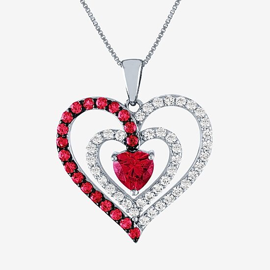 Womens Lab Created Red Ruby Sterling Silver Heart 18 Inch Pendant Necklace