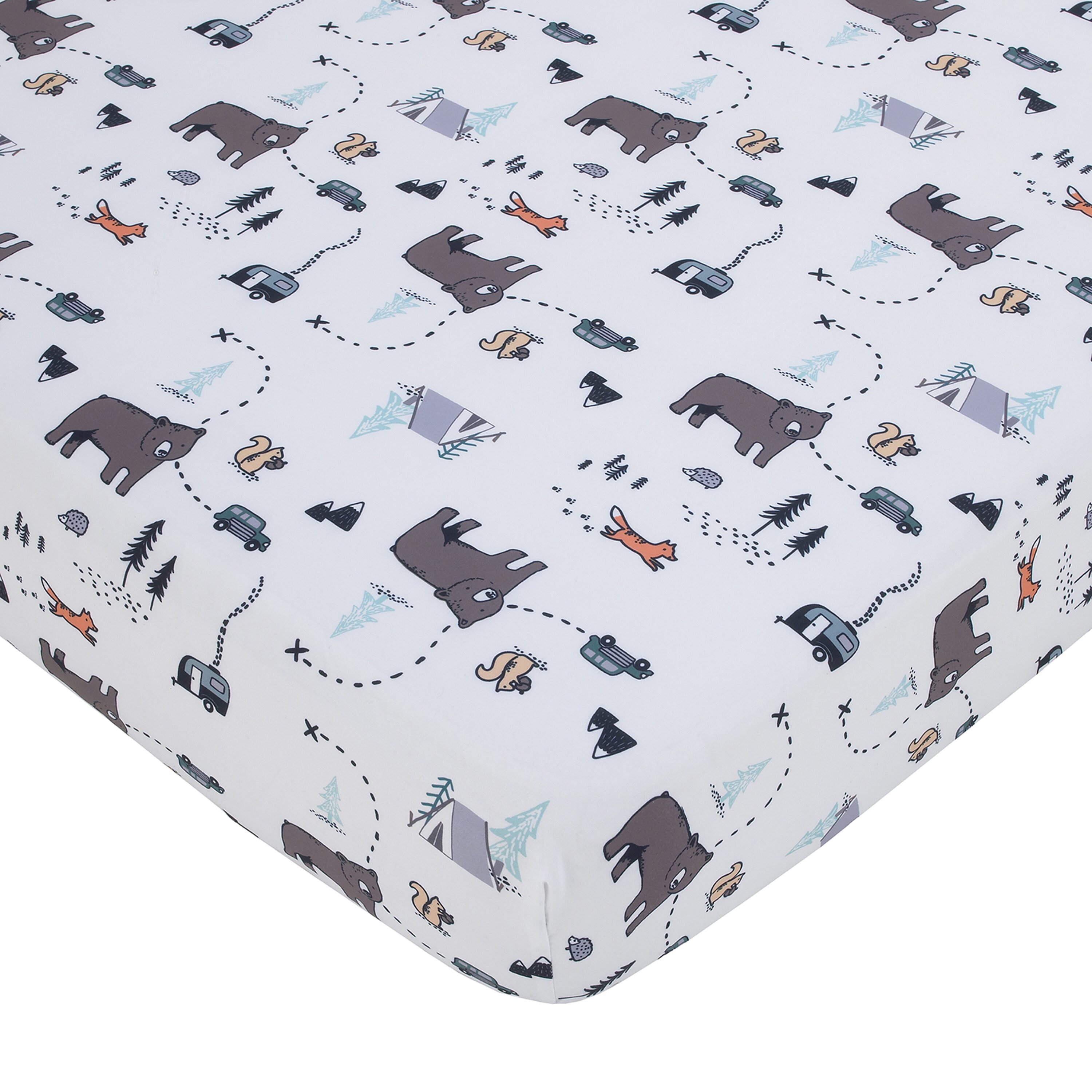 Flat lay of a crib sheet pattern with moose and vehicles.