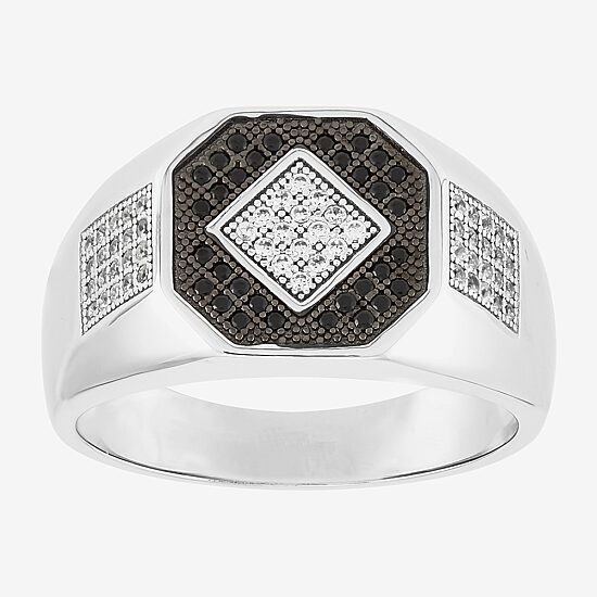 Mens Black Cubic Zirconia Sterling Silver Diamond Fashion Ring
