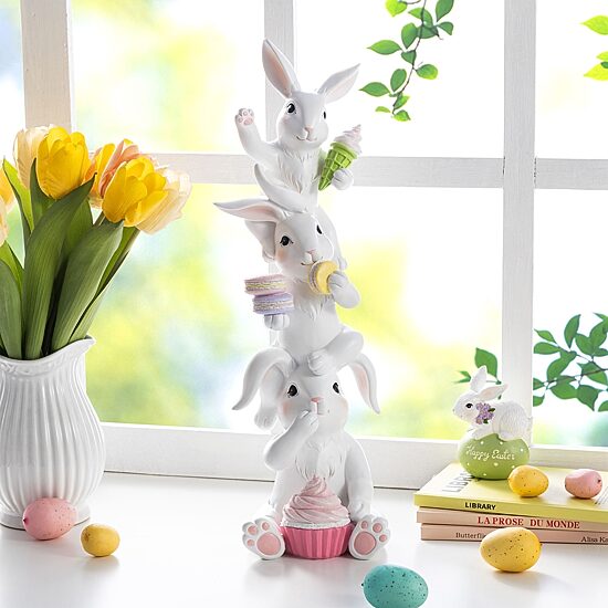 Glitzhome 18" Resin Stacked Bunny With Macaron Easter Tabletop Decor