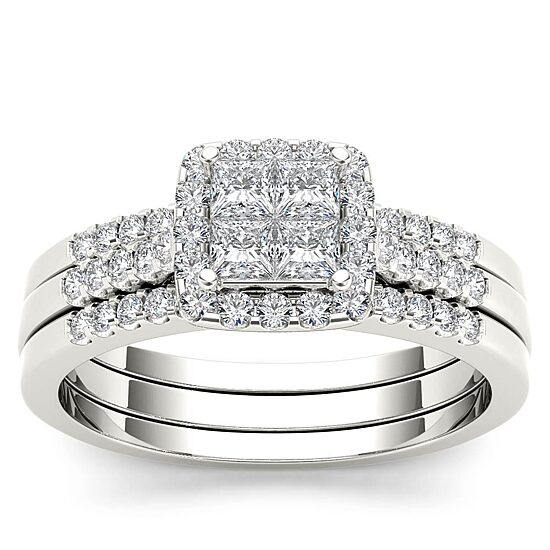 Womens 3/4 CT. T.W. Natural White Diamond 10K Gold Side Stone Halo Bridal Set