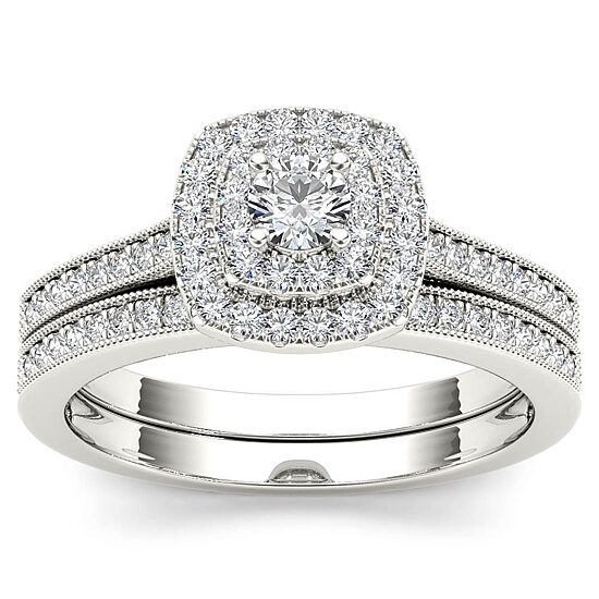 Womens 1/2 CT. T.W. Natural White Diamond 10K Gold Cushion Halo Bridal Set
