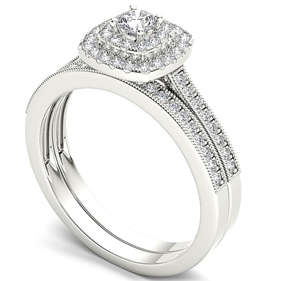 Womens 1/2 CT. T.W. Natural White Diamond 10K Gold Cushion Halo Bridal Set