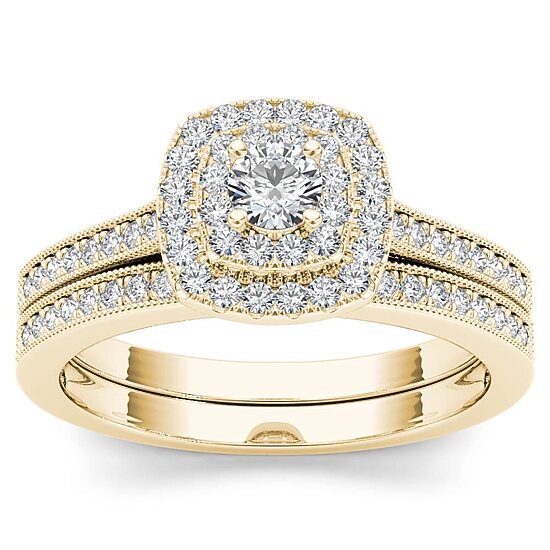 Womens 1/2 CT. T.W. Natural White Diamond 10K Gold Cushion Side Stone Halo Bridal Set