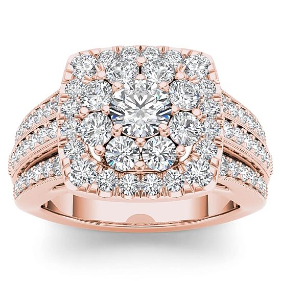 Womens 2 CT. T.W. Natural White Diamond 14K Gold Cushion Side Stone Halo Engagement Ring