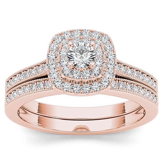 Womens 1/2 CT. T.W. Natural White Diamond 10K Gold Cushion Halo Bridal Set