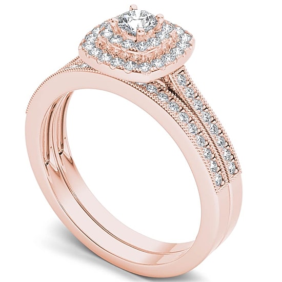 Womens 1/2 CT. T.W. Natural White Diamond 10K Gold Cushion Halo Bridal Set