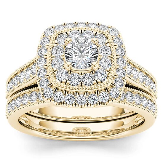 Womens 3/4 CT. T.W. Natural White Diamond 14K Gold Cushion Side Stone Halo Bridal Set