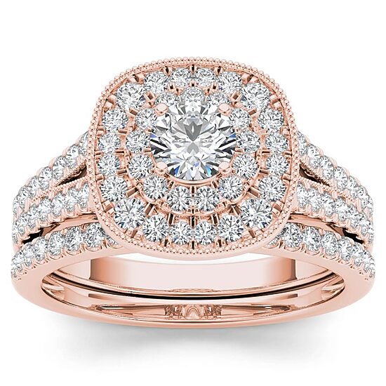 Womens 3/4 CT. T.W. Natural White Diamond 14K Gold Cushion Side Stone Halo Bridal Set