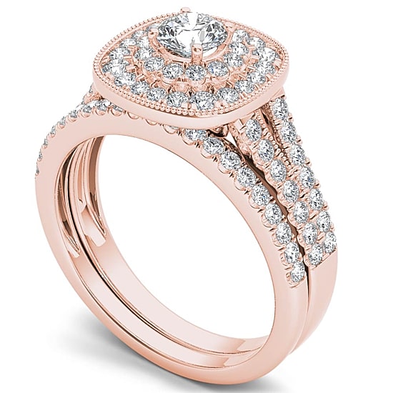 Womens 3/4 CT. T.W. Natural White Diamond 14K Gold Cushion Side Stone Halo Bridal Set