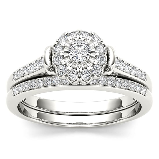Womens 1/3 CT. T.W. Natural White Diamond 10K Gold Round Side Stone Halo Bridal Set