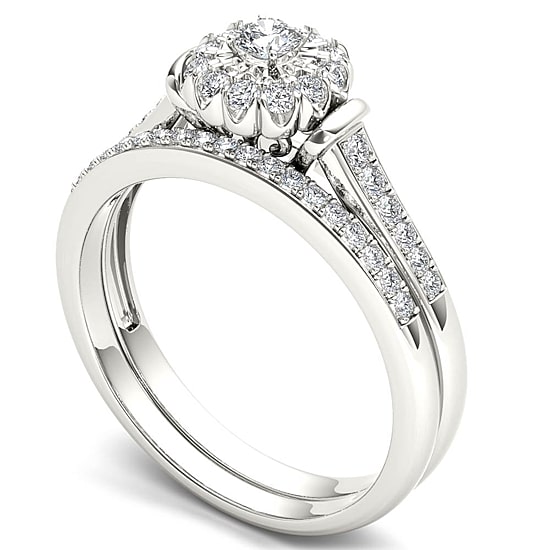 Womens 1/3 CT. T.W. Natural White Diamond 10K Gold Round Side Stone Halo Bridal Set