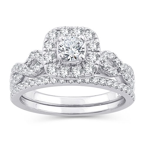 Womens 1 CT. T.W. Natural White Diamond 10K Gold Cushion Side Stone Halo Bridal Set, 8, White