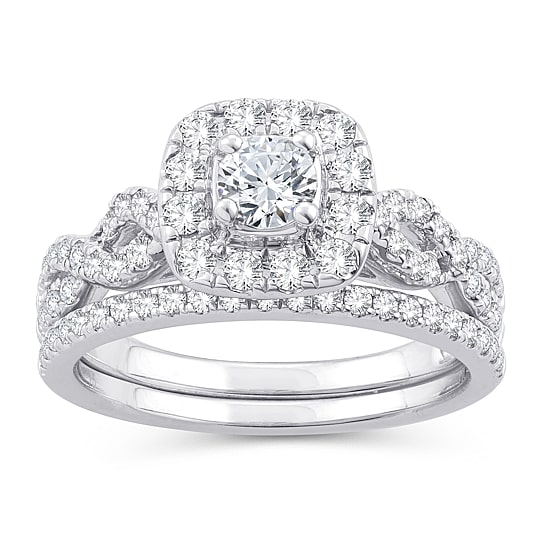 Womens 1 CT. T.W. Natural White Diamond 10K Gold Cushion Side Stone Halo Bridal Set