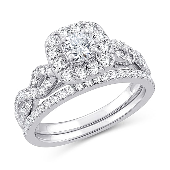 Womens 1 CT. T.W. Natural White Diamond 10K Gold Cushion Side Stone Halo Bridal Set