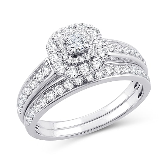 Womens 1 CT. T.W. Natural White Diamond 10K Gold Cushion Side Stone Halo Bridal Set