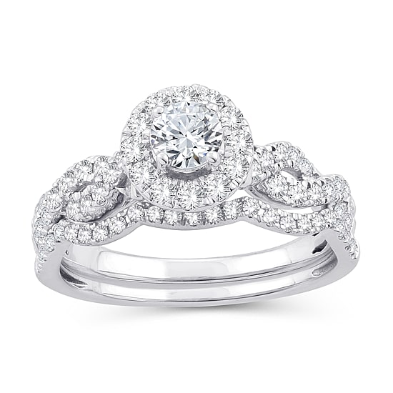 Womens 1 CT. T.W. Natural White Diamond 10K Gold Round Side Stone Halo Bridal Set
