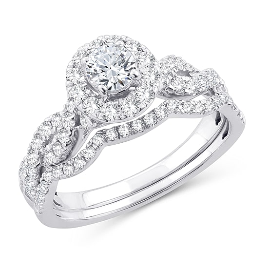 Womens 1 CT. T.W. Natural White Diamond 10K Gold Round Side Stone Halo Bridal Set
