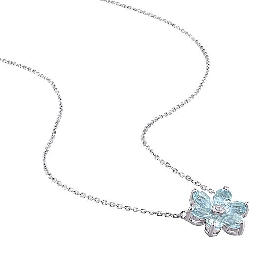 Womens Diamond Accent Genuine Blue Aquamarine 14K Gold Flower 17 Inch Pendant Necklace