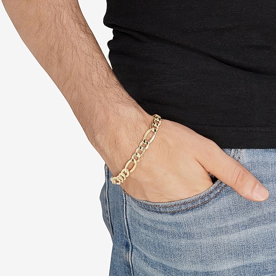 Mens 10K Gold 9 Inch Hollow Figaro Chain Bracelet
