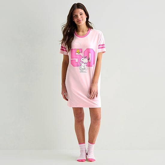 Disney Mjc With Sock Womens Short Sleeve Round Neck Peanuts Snoopy Nightgown