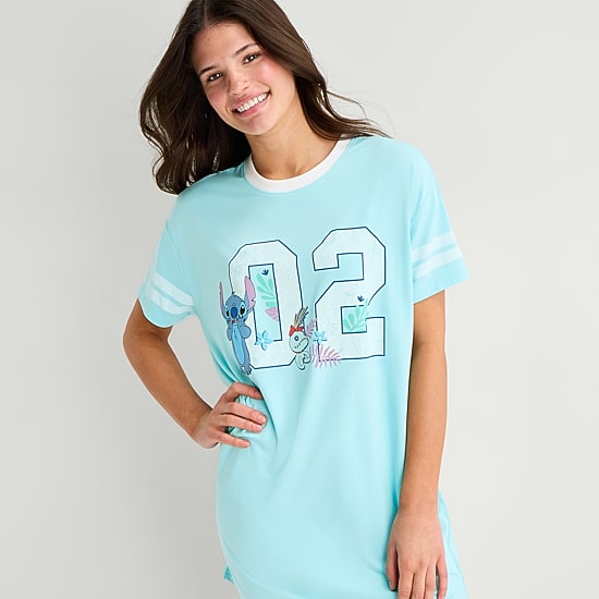 Disney Mjc With Sock Womens Short Sleeve Round Neck Lilo & Stitch Nightgown