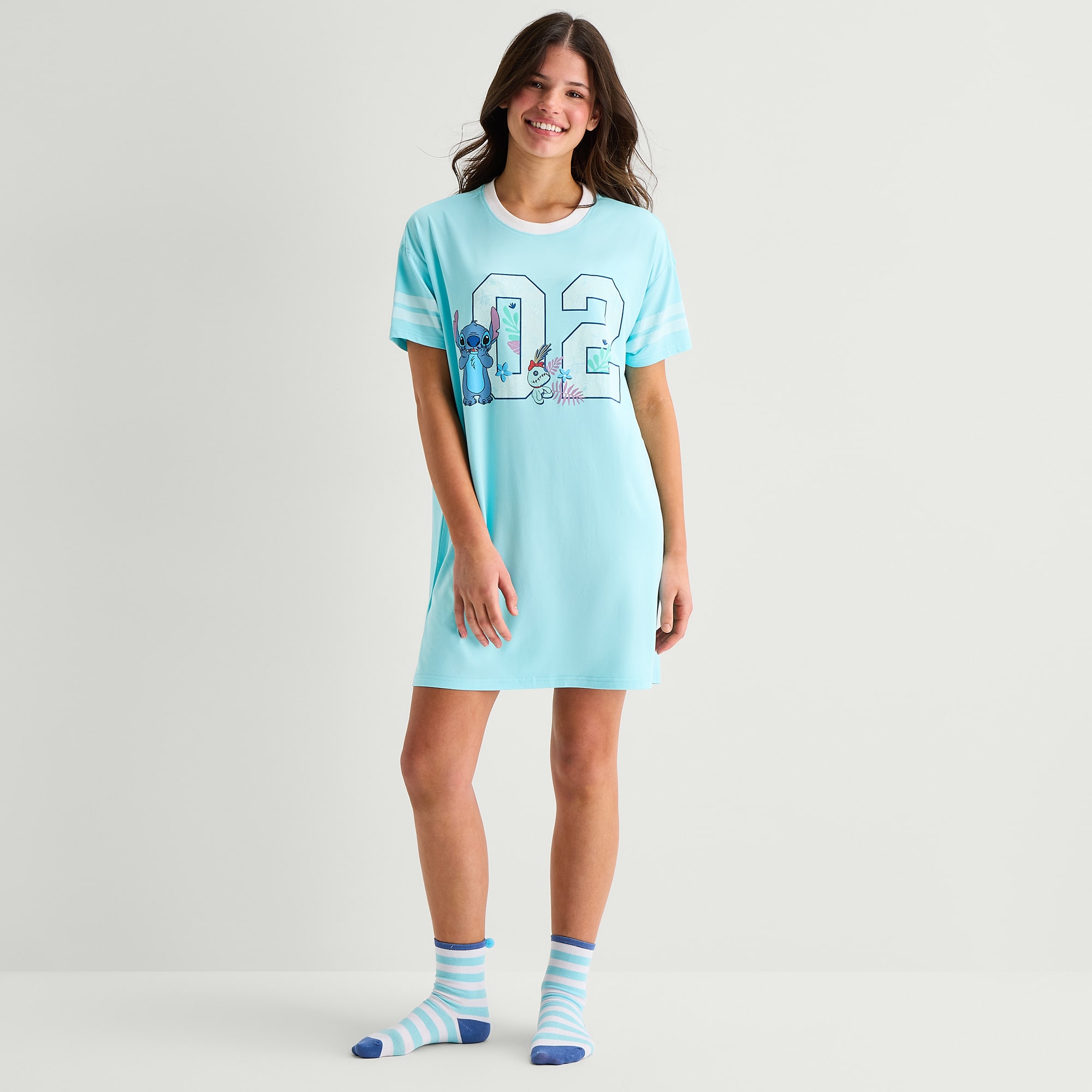 Disney Mjc With Sock Womens Short Sleeve Round Neck Lilo & Stitch Nightgown