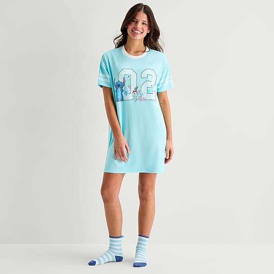 Disney Mjc With Sock Womens Short Sleeve Round Neck Lilo & Stitch Nightgown