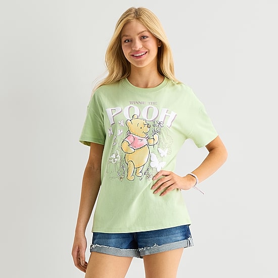 Pooh Boyfriend Tee Womens Juniors Crew Neck Short Sleeve Loose Fit Winnie The Pooh Graphic T-Shirt