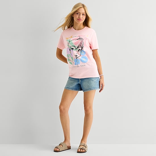 Womens Juniors Crew Neck Short Sleeve Loose Fit Tinker Bell Graphic T-Shirt