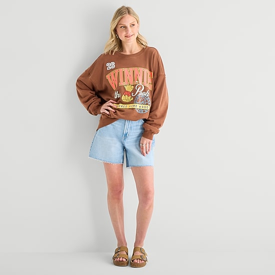 Pooh Crew Fleece Womens Juniors Crew Neck Long Sleeve Winnie The Pooh Sweatshirt